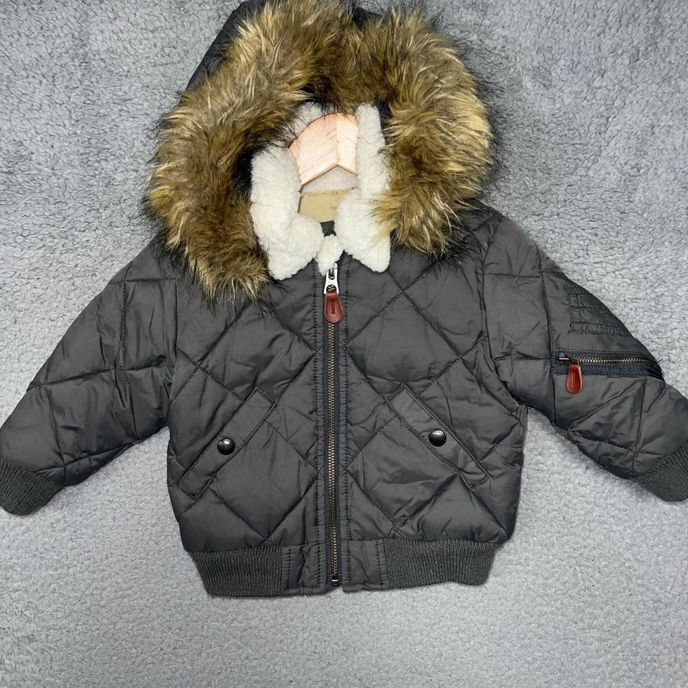 Baby Gap Quilted Bomber Jacket Toddler 18-24M Gray Hooded Sherpa Lined Faux Fur